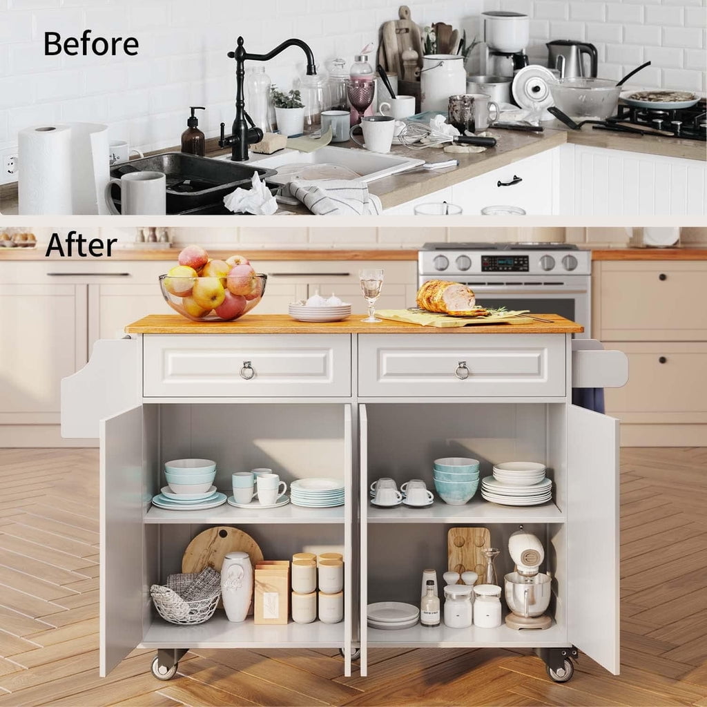 Aiho Kitchen Island with Storage, Mobile Kitchen Island Side Table on Wheels with Rubber Wood Drop-leaf Countertop , Side Rack and Drawer and for Kitchen,Dining Room - White