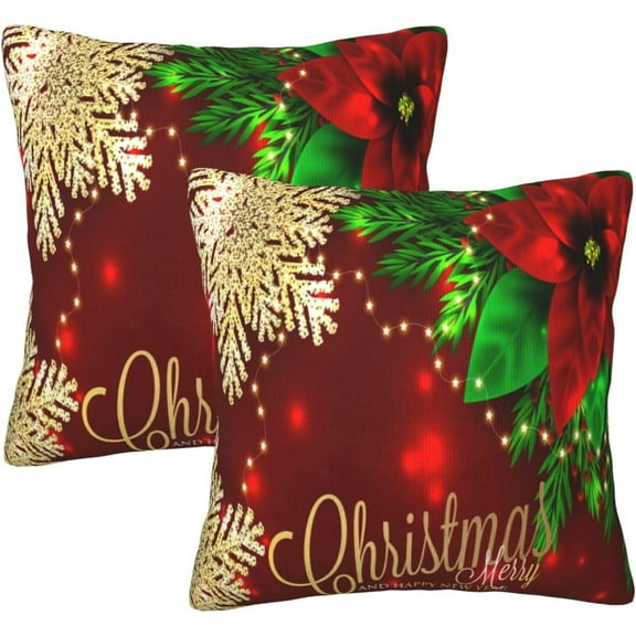 Christmas Pillow Covers Poinsettia Gold Snowflake Xmas Set of 2 Square Cushion Cover 18x18 Inches A047