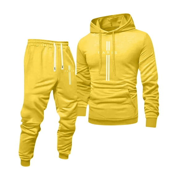 Hogleaql 2 Piece Activewear Outfits for Men Lightweight Long Sleeve Sweatshirt Hooded Casual Sweatpants for Men Set Solid Soft Fashion Loose Tracksuit Pockets Yellow 2XL