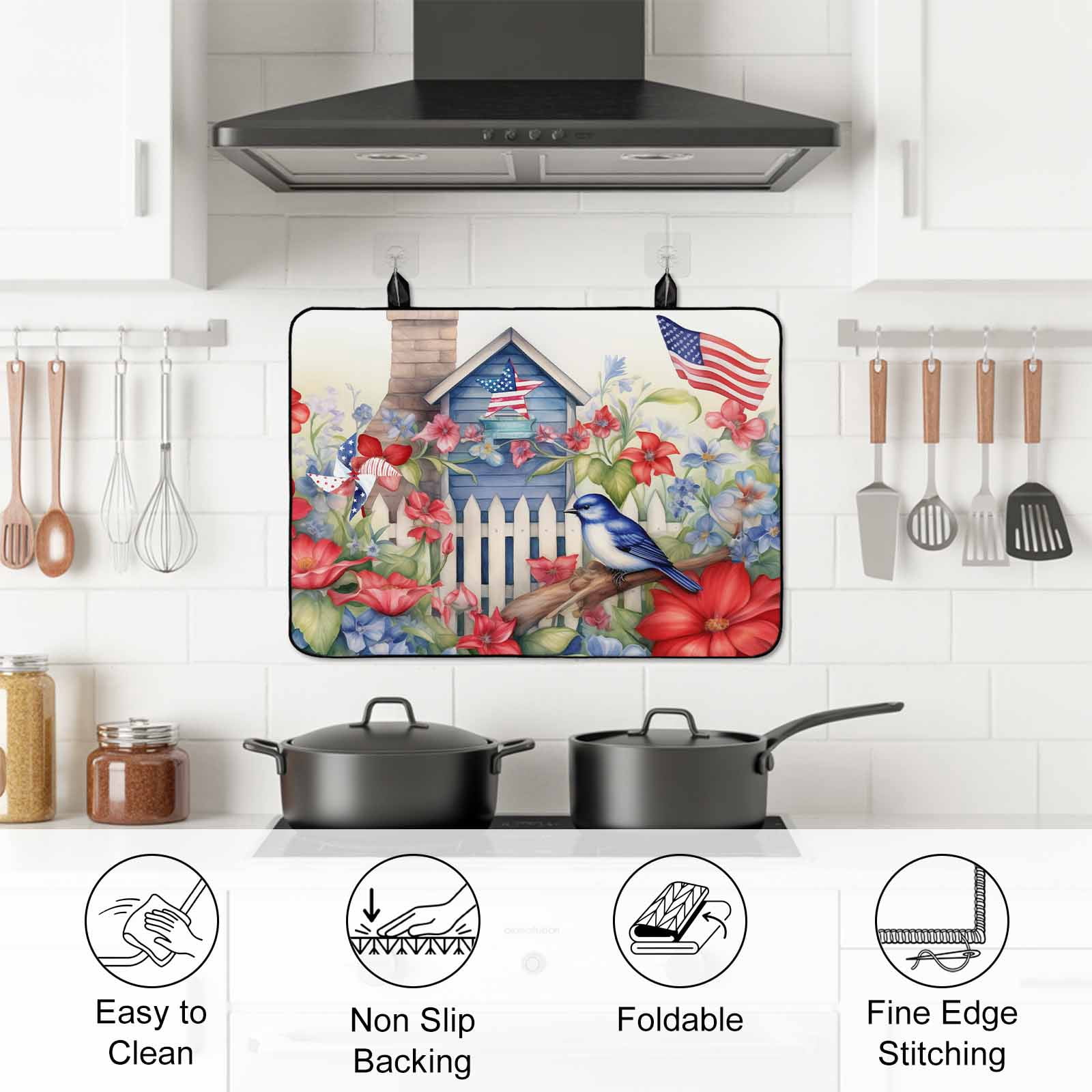 4th of July Stove Top Cover for Electric Stove, Heat-proof & Non Slip Glass Top Stove Cover Protector, Independence Day Floral Birds American Flag Kitchen Flat Cooktop Rubber Mat 24x21 Inches