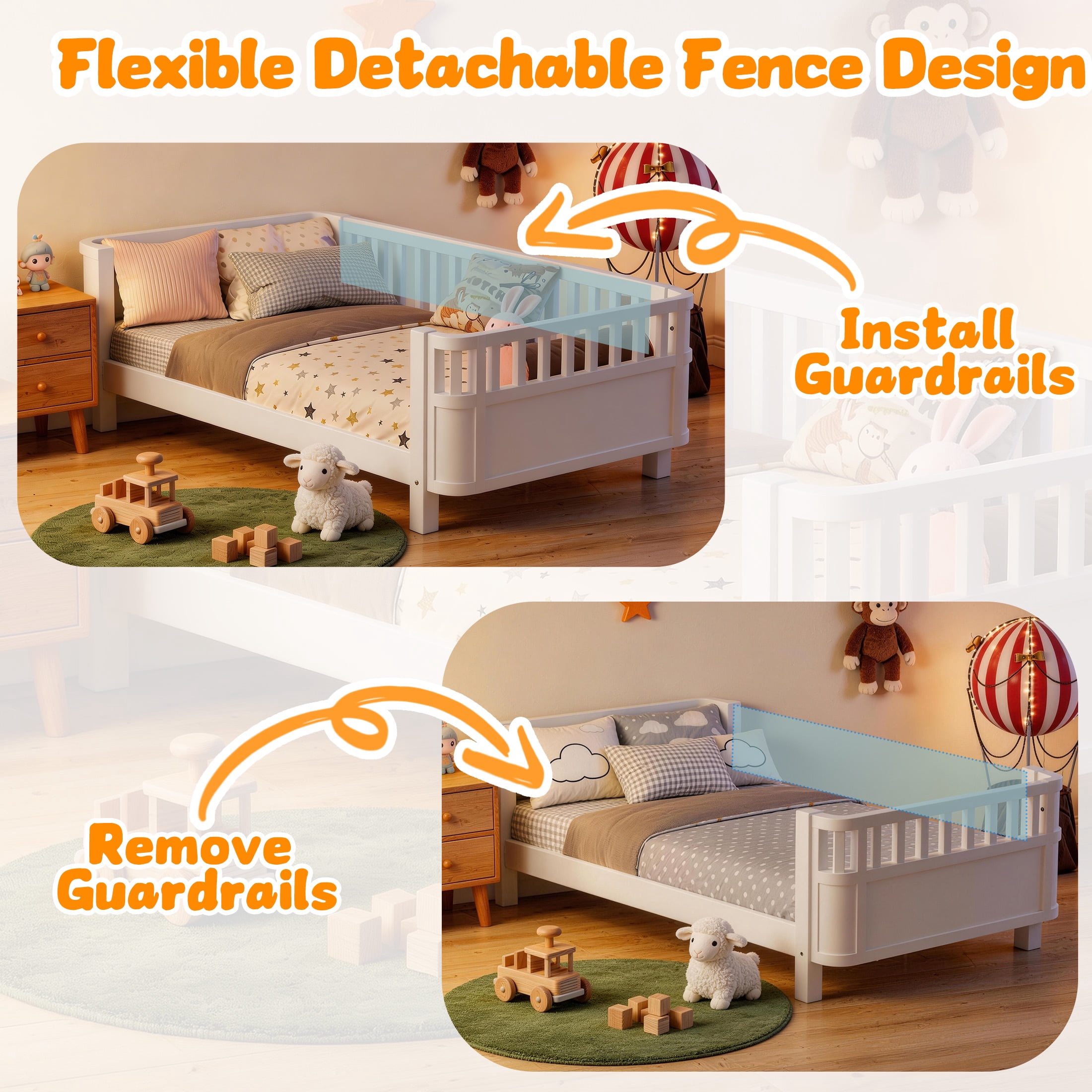PORKISS Twin Size Bed with Fence for Kids, Solid Wood Twin Platform Bed Frame with Slats and Safety Guardrails for Girls Boys, Removable Guardrail, No Box Spring Needed, White