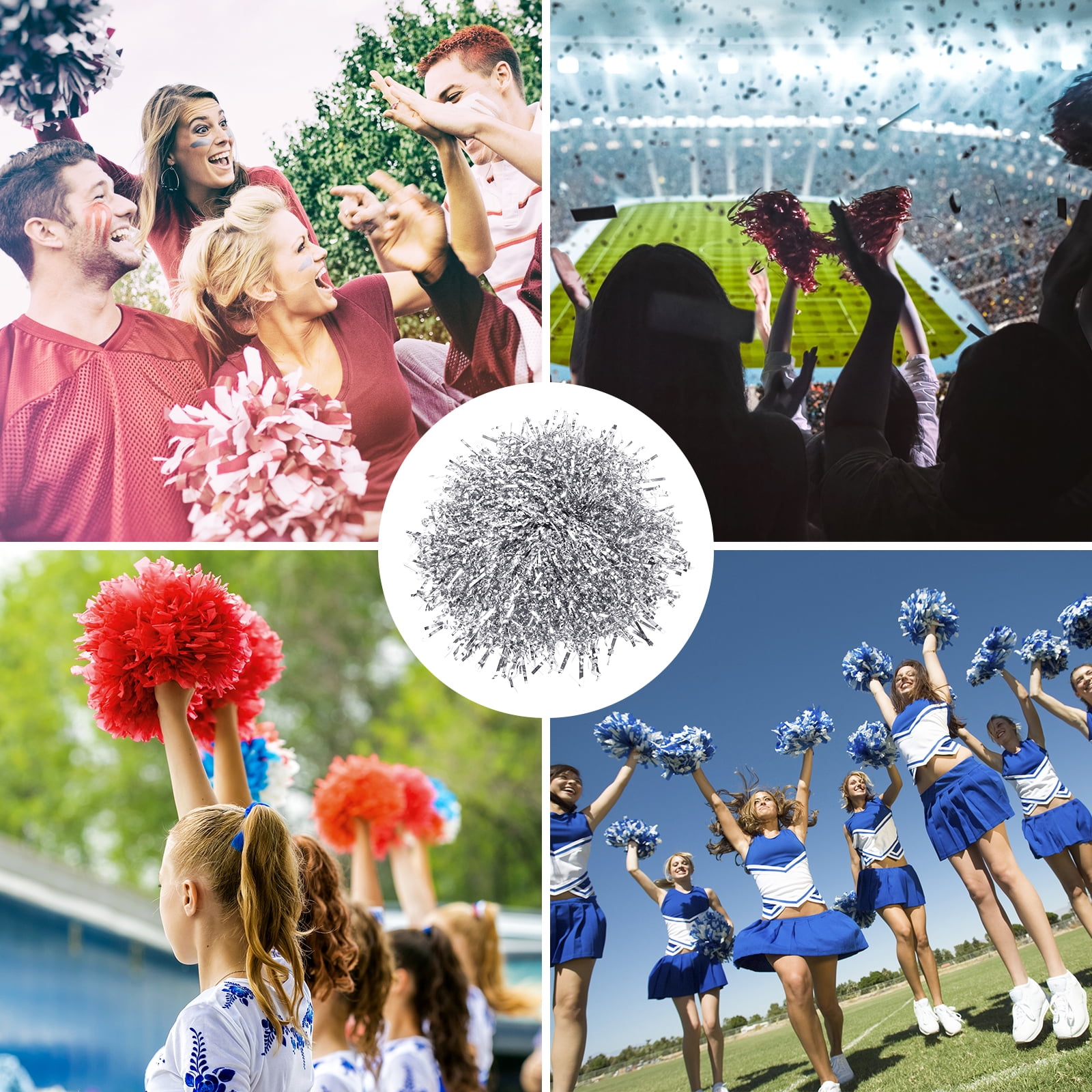 Cheerleading Pom Poms with Finger Holes Metallic Foil Cheering Hand Flower, Silver, 12 Pack