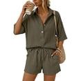 thumbnail image 2 of Summer Sets Linen Sets for Women 2 Piece Short Sleeve Shirt and Shorts Beach Outfits Casual Fashion Comfortable Solid Color Suits Army Green L, 2 of 7