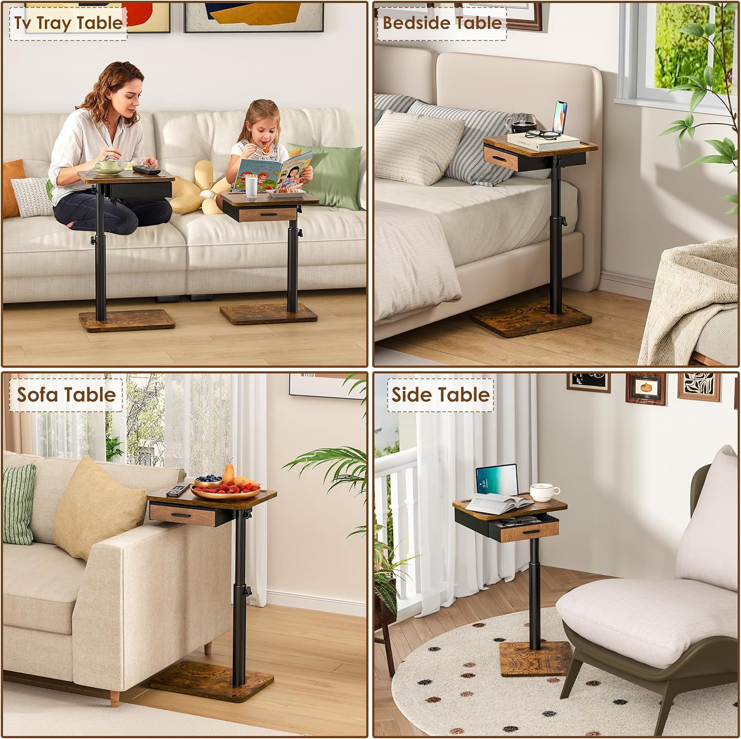 TV Tray Table with Swivel Top, Drawer, and Height Adjustment for Eating, Working, or as a Sofa Desk in Living Room or Bedroom
