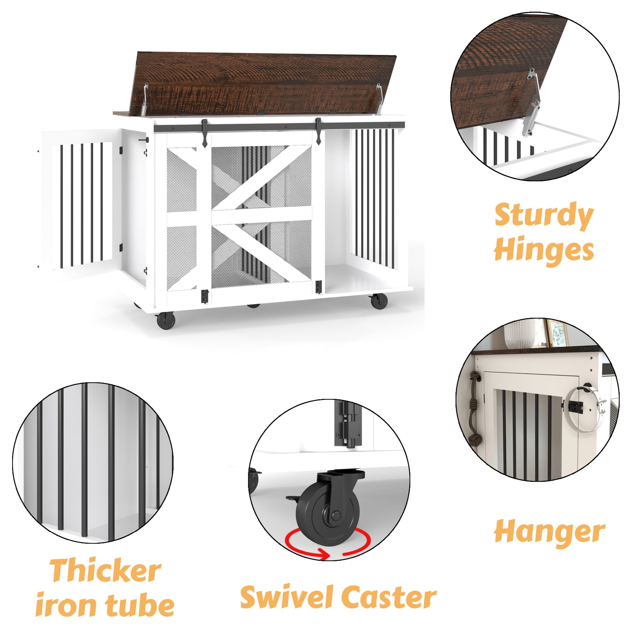 Noble House 47.2" Dog Crate with Flip-Top Feeding Door, Furniture Kennel with Barn Door & Wheels, Brown and White