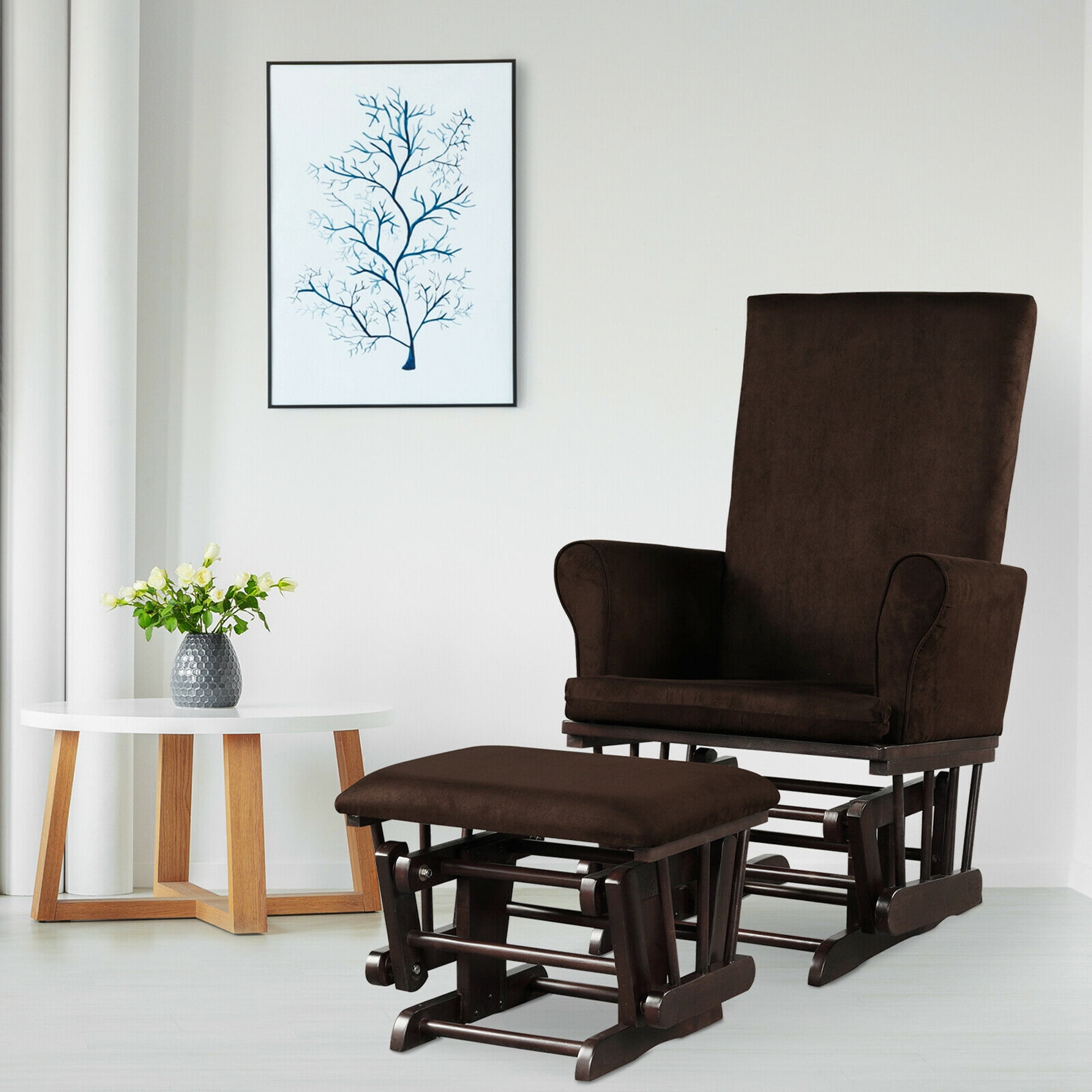 Gymax Glider and Ottoman Cushion Set Wooden Baby Nursery Rocking Chair Brown