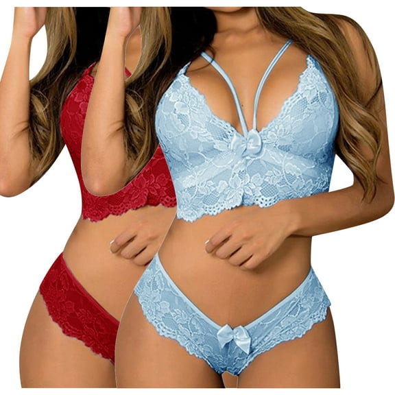 Lovskoo Women's Sleepwear Sets Bra and Panty Corset Lace Floral Bralette Bra Two Piece Underwear Sleepwears Outfits Gift for Valentine's Day Red