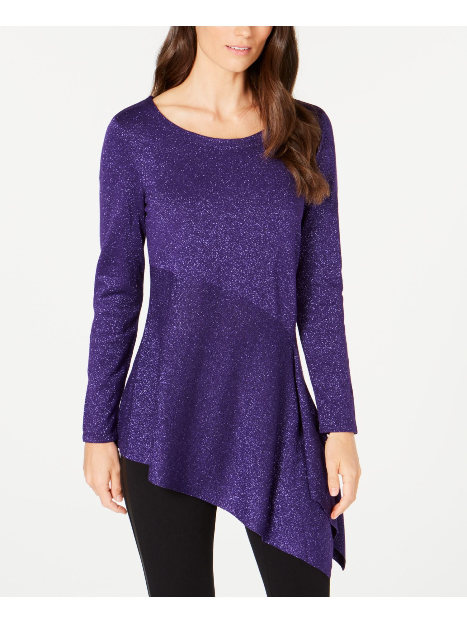 Alfani Alfani Womens Purple Metallic Asymmetrical Long Sleeve Scoop Neck Sweater Size Xs