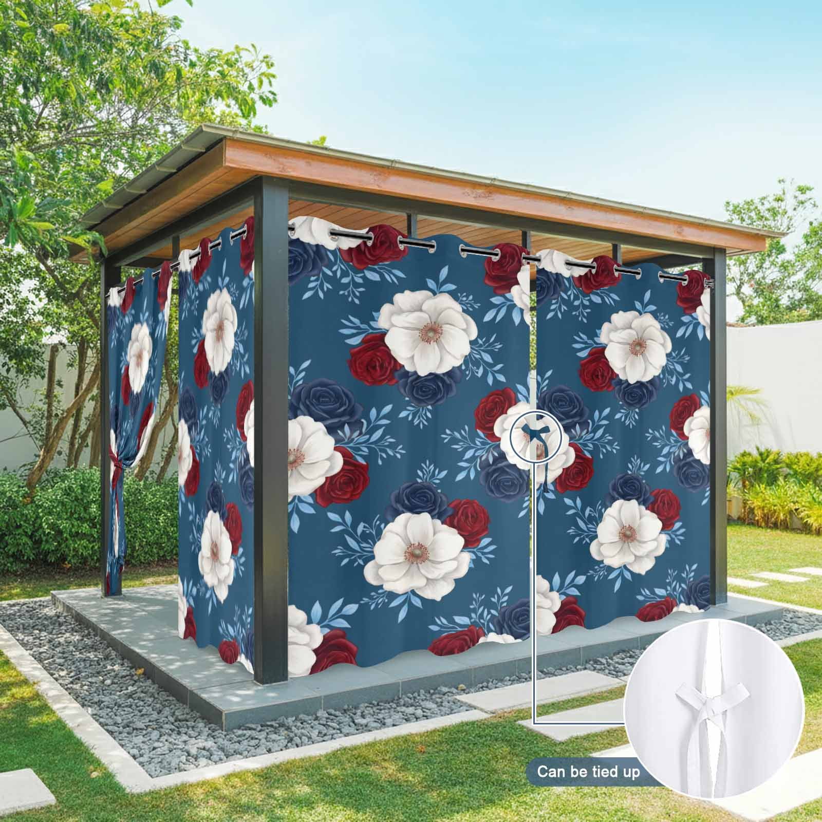 Independence Day Outdoor Curtains for Patio, Red Blue White Roses Floral Leaf Blue Sunshade Privacy Drapes Grommet Waterproof Outside Curtains for Porch/Cabana/Balcony 54"x 95", 1 Panel