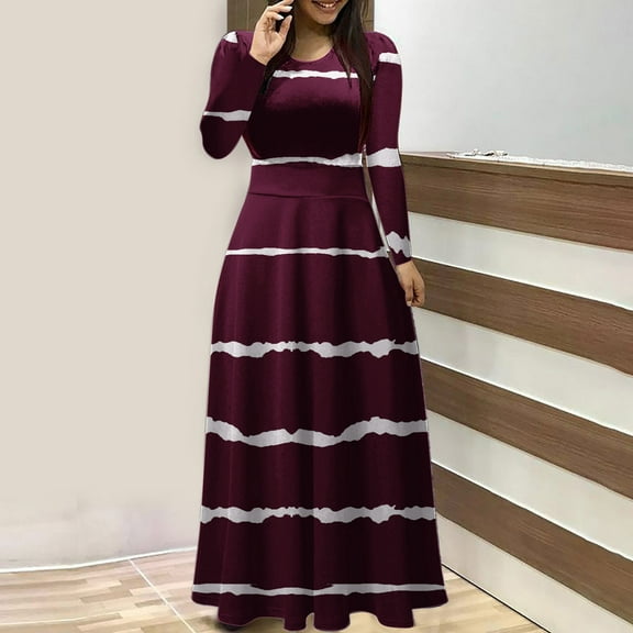 Xysaqa Women's Plain Striped Long Maxi Dress Casual Loose Long Sleeve Soft Round-Neck Flowy Long Dresses S-XXL