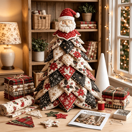 DIY Christmas Quilted Fabric Tree Kit Handmade Patchwork Sewing Craft Kit with Instruction Book Farmhouse Tabletop Centerpiece Perfect Seasonal Decor Making Project