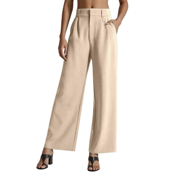 Pantalones de vestir de cintura alta y pierna ancha para mujer - Pantalones de trabajo con pliegues, elástico en la parte trasera y bolsillos laterales