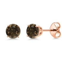 Gem Stone King 0.52 Ct Round 4mm Brown Smoky Quartz 18K Rose Gold Plated Silver Stud Earrings for Women Men