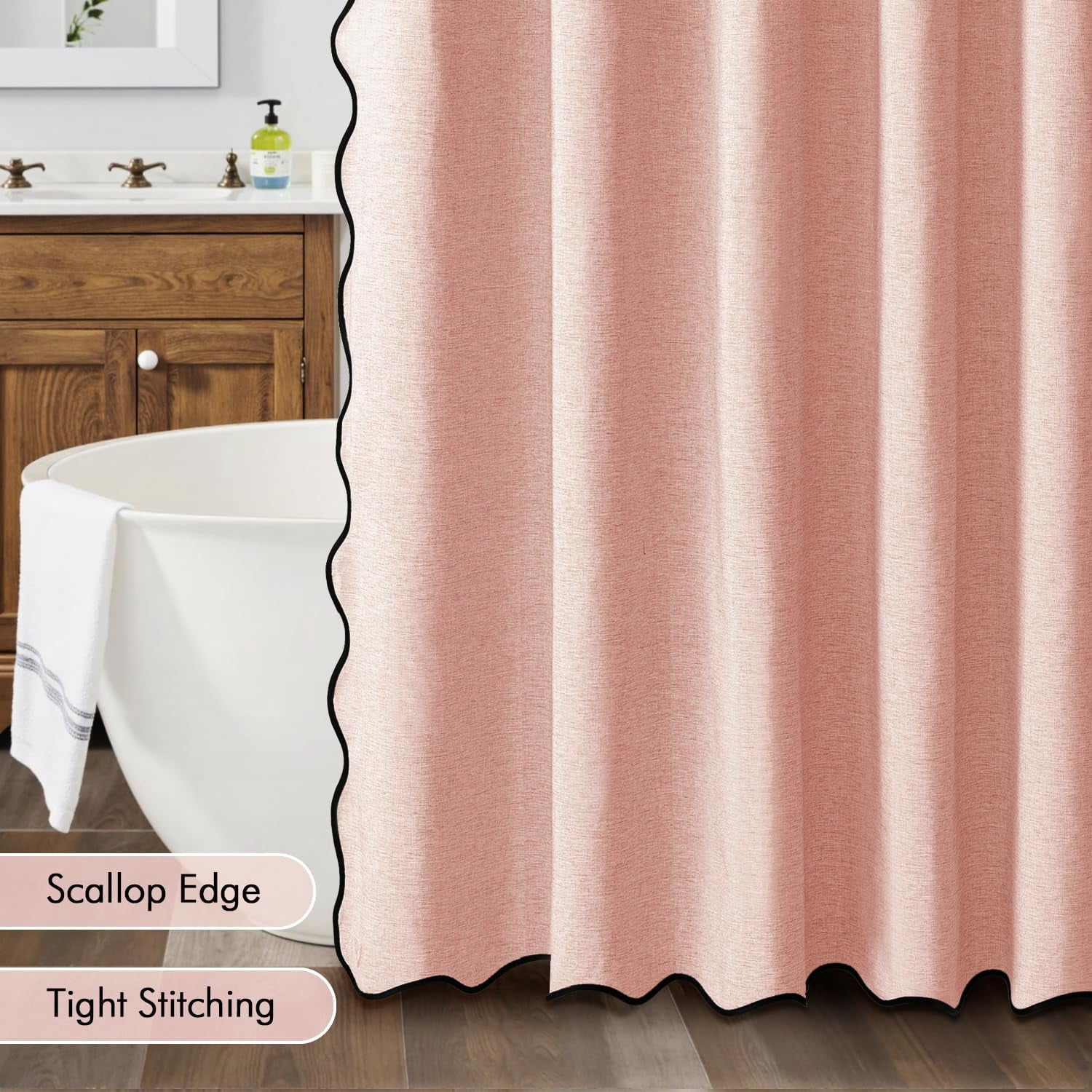 84" Long Scalloped Shower Curtain Linen Textured with 12 Metal Hooks Cute Extra Long Heavy Duty Washable Waterproof Cloth Curtains with Black Border for Bathroom Hotel Bathtub,Blush Pink
