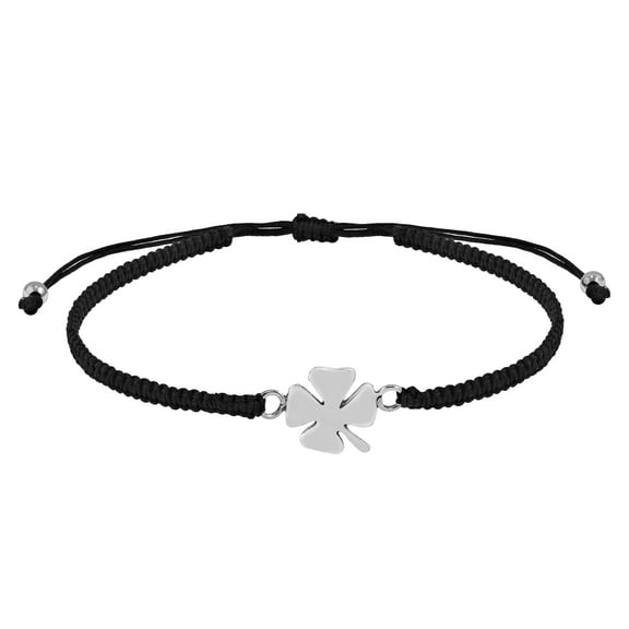 Charmed Four-Leaf Clover Sterling Silver Charm Black Rope Adjustable Bracelet