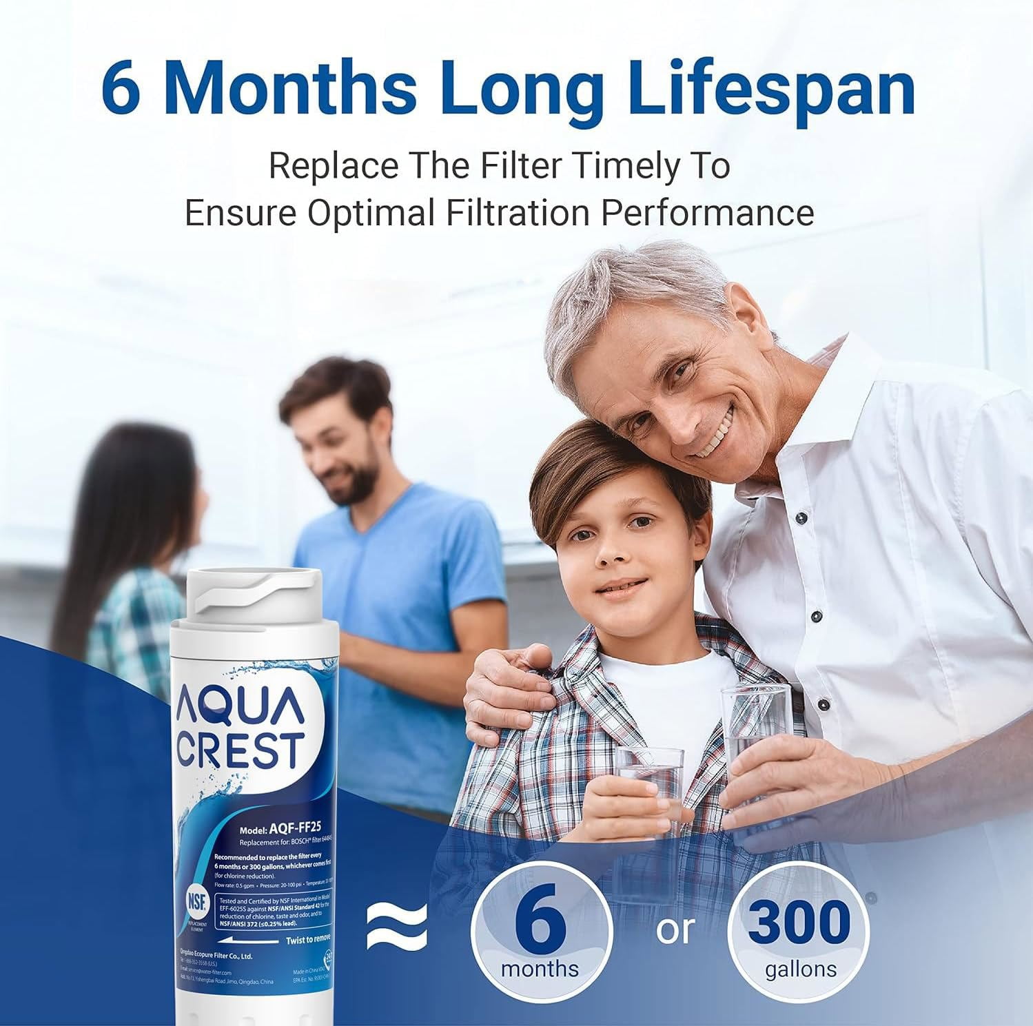 AQUA CREST 644845 Refrigerator Water Filter Replacement for Bosch® Ultra Clarity® 11034152, 9000077104, 9000194412, B26FT70SNS, B22CS80SNS, B22CS50SNS, Haier 0060820860, Miele KWF1000, 3 Filters