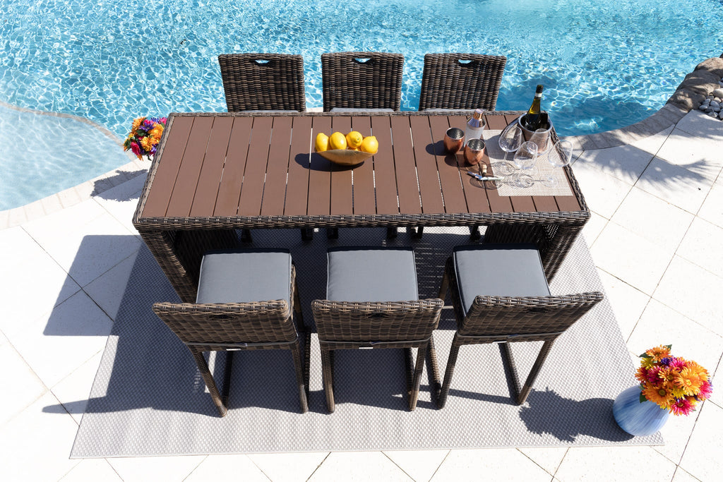 Tuscany 7-Piece Resin Wicker Outdoor Patio Furniture Bar Set with Bar Table and Six Bar Chairs (Half-Round Brown Wicker, Sunbrella Canvas Taupe) - image 2 of 5