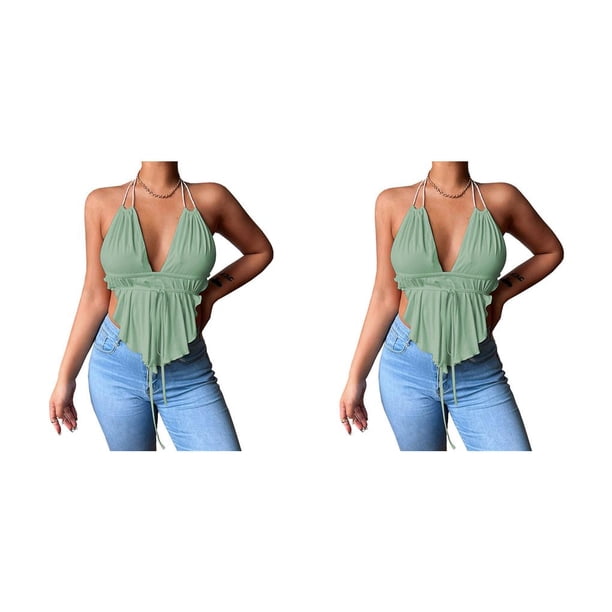 Minnieouse Sexy cuello en V profundo chaleco correa de espagueti camisola espalda descubierta Crop Top camisa verano noche ropa femenina Type1 NO1