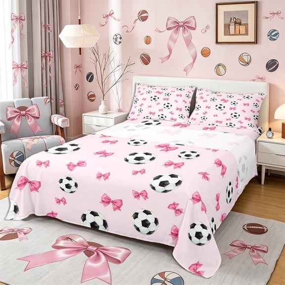 Meiyoeat Cute Soccer Queen Sheets 4 Pieces, Pink Bow Print Queen Sheet Sets for Bedroom