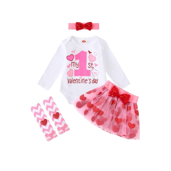 EnJoCho My First Valentines Day Baby Girl Outfit Love Heart 𝖱omper Ru𝖿fle Layered Shorts Headband Socks Cute Clothes Set Party Festival Holiday Baptism Dedication 𝖢eremony Outfit