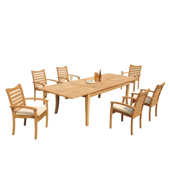 Grade-A Teak Dining Set: 6 Seater 7 Pc: 122" Atnas Rectangle Table And 6 Aspen Stacking Arm Chairs Outdoor Patio WholesaleTeak #51AP2807