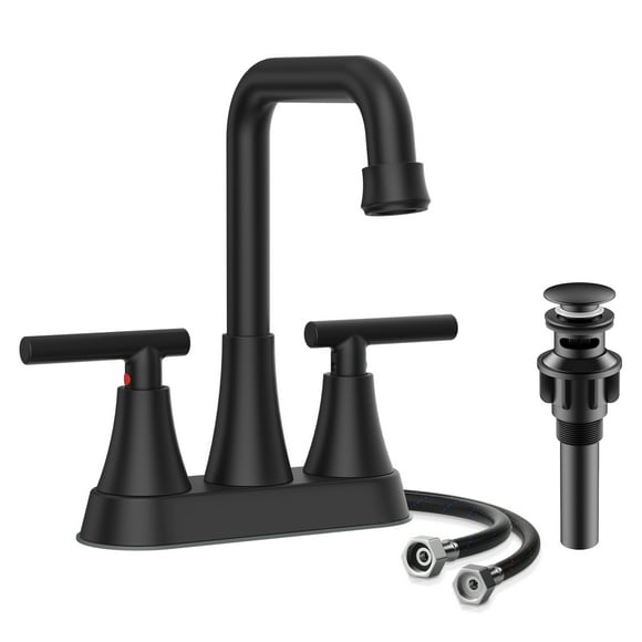 KINGTACK Robinet de Lavabo de Salle de Bain, Robinet de Salle de Bain 4 Pouces Noir Mat avec Bonde à Pression et Conduites d'Alimentation, Robinet à Entraxe à 2 Poignées en Acier Inoxydable pour Lavabo de Salle de Bain 3 Trous