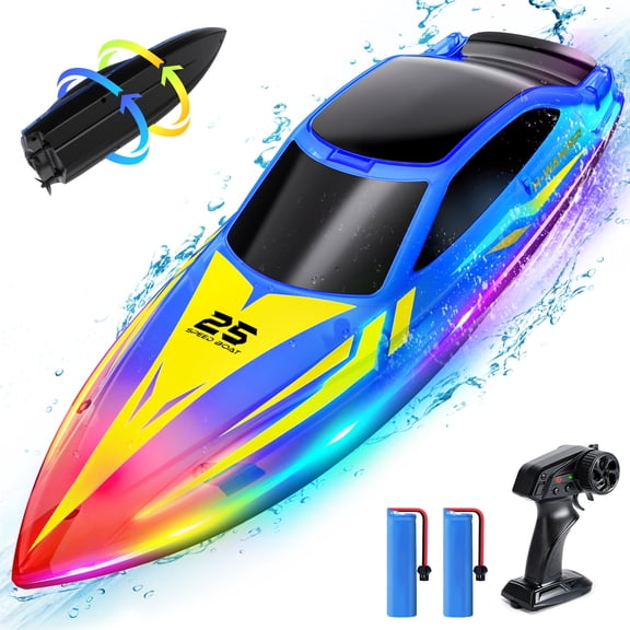 JoyStone 10 Inch RC Boat with 7-Mode Colorful LED Lights, 3 Speed Modes, 2 Batteries 60Mins, Pool Toys for Adults & Kids