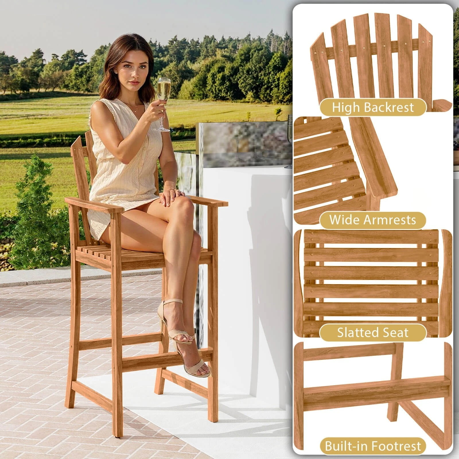 DRAZUNO 2PCS Tall Adirondack Chair w/Back, Armrests and Footrest for Balcony Porch Deck