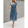 thumbnail image 3 of FreshPrettyWomen Summer Bohemian Floral Casual Wrap V Neck Ruffle Cap Sleeveless Belt A-Line Pleated Hem Midi Sun Dress White, 3 of 6