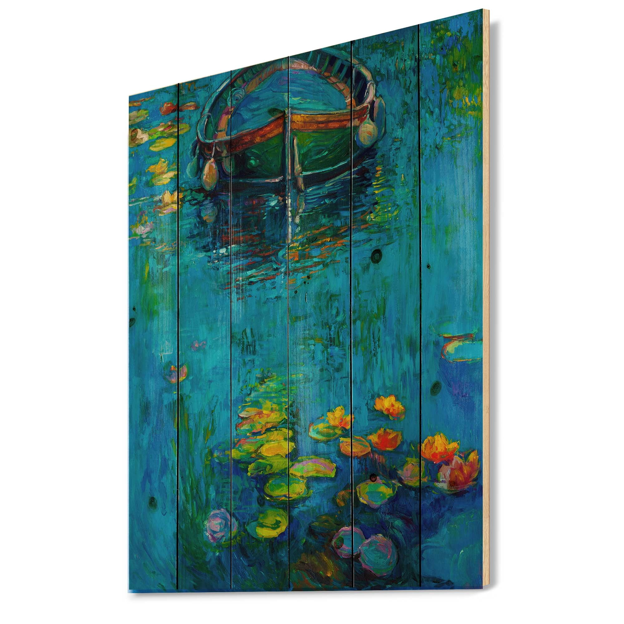Designart 'Boat In Blue Lake' Nautical & Coastal Print on Natural Pine Wood