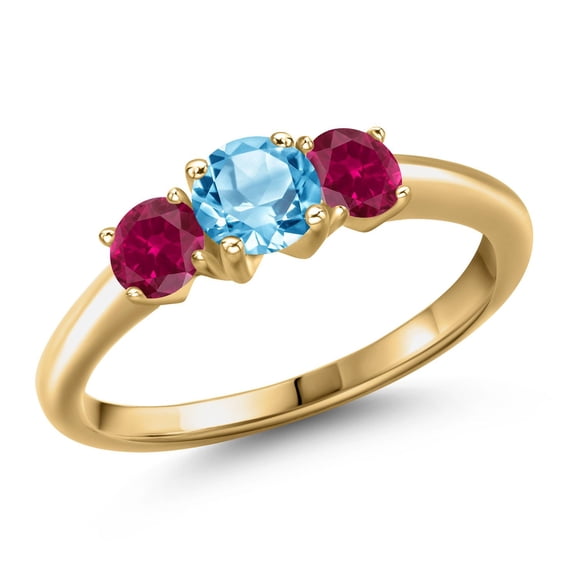 Gem Stone King 18K Yellow Gold Plated Silver Swiss Blue Topaz and Red Created Ruby Engagement Ring for Women | 1.15 Cttw | Round 5MM | Gemstone November Birthstone | Size 5