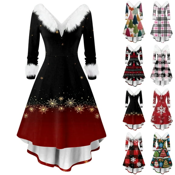 Christmas Dresses for Women Women's Fashion V-Neck Casual Slim Fit Christmas Print Furry Party Long Sleeve Dress for Festive Occasion,Black,L