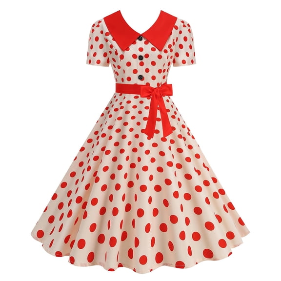 Karymi Summer Dresses for Women Vintage Polka Dot Swing Midi Dress, Contrast Collar Short Sleeve Button Front Self Bow Waist Retro Hepburn Party Sundress Easter Dresses for Women