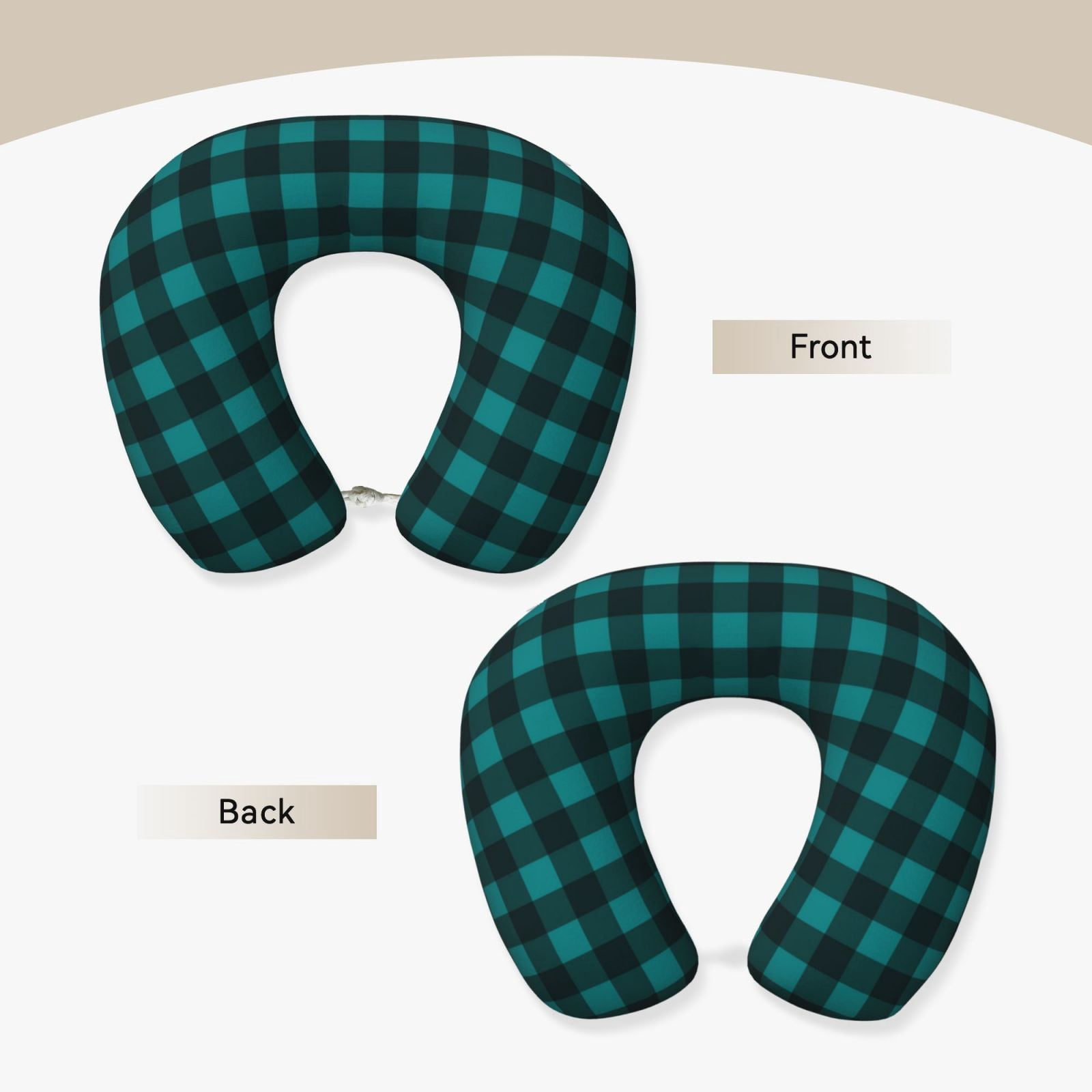 Xecao Teal On Black Plaid Print Memory Foam Cervical Neck Pillow Versatile U-Shaped Pillows for Home,Office,Camping,Travelling,Soft Washable Cover