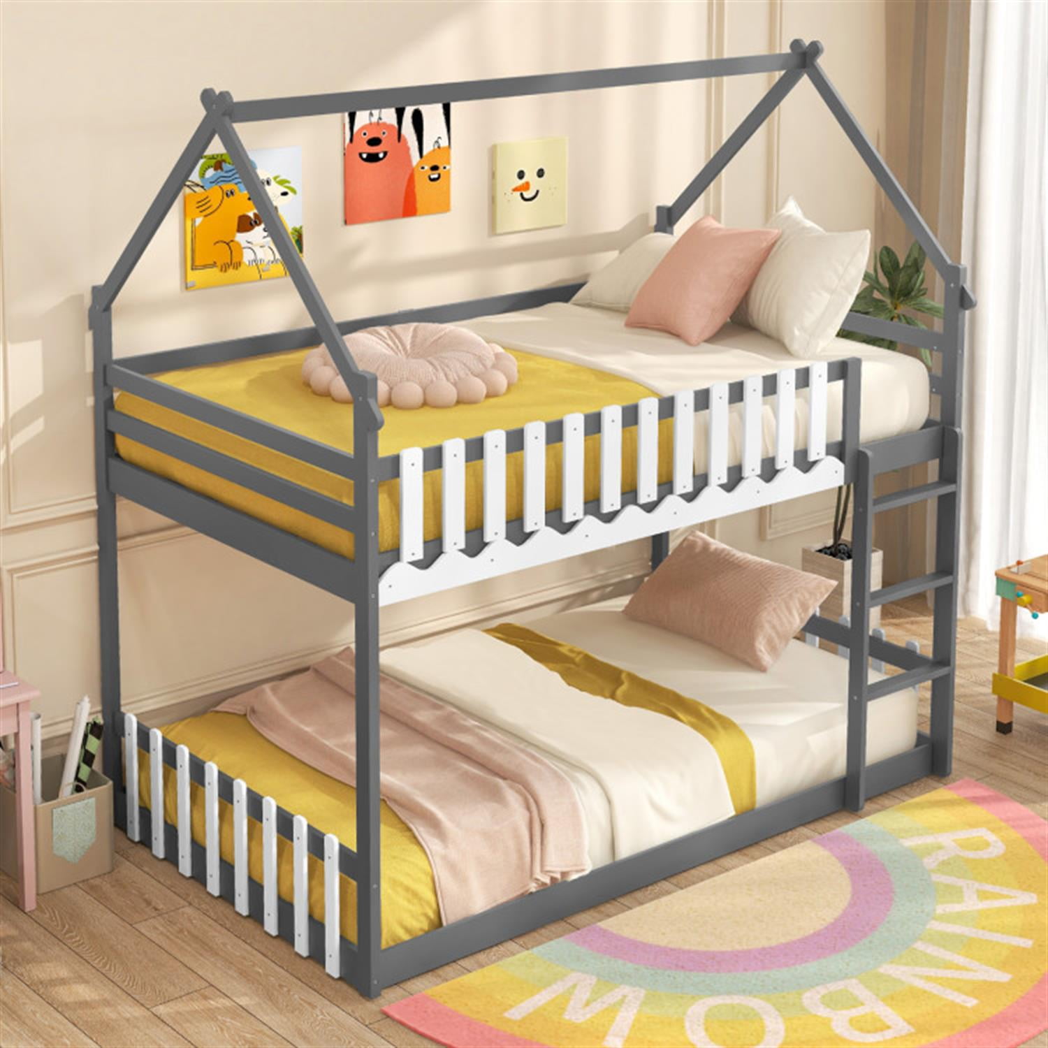 Demi Bonn Twin Over Twin Bunk Bed with Fence and Ladder, Twin Bunk Solid Wood Low Beds, Bed Frame, Gray