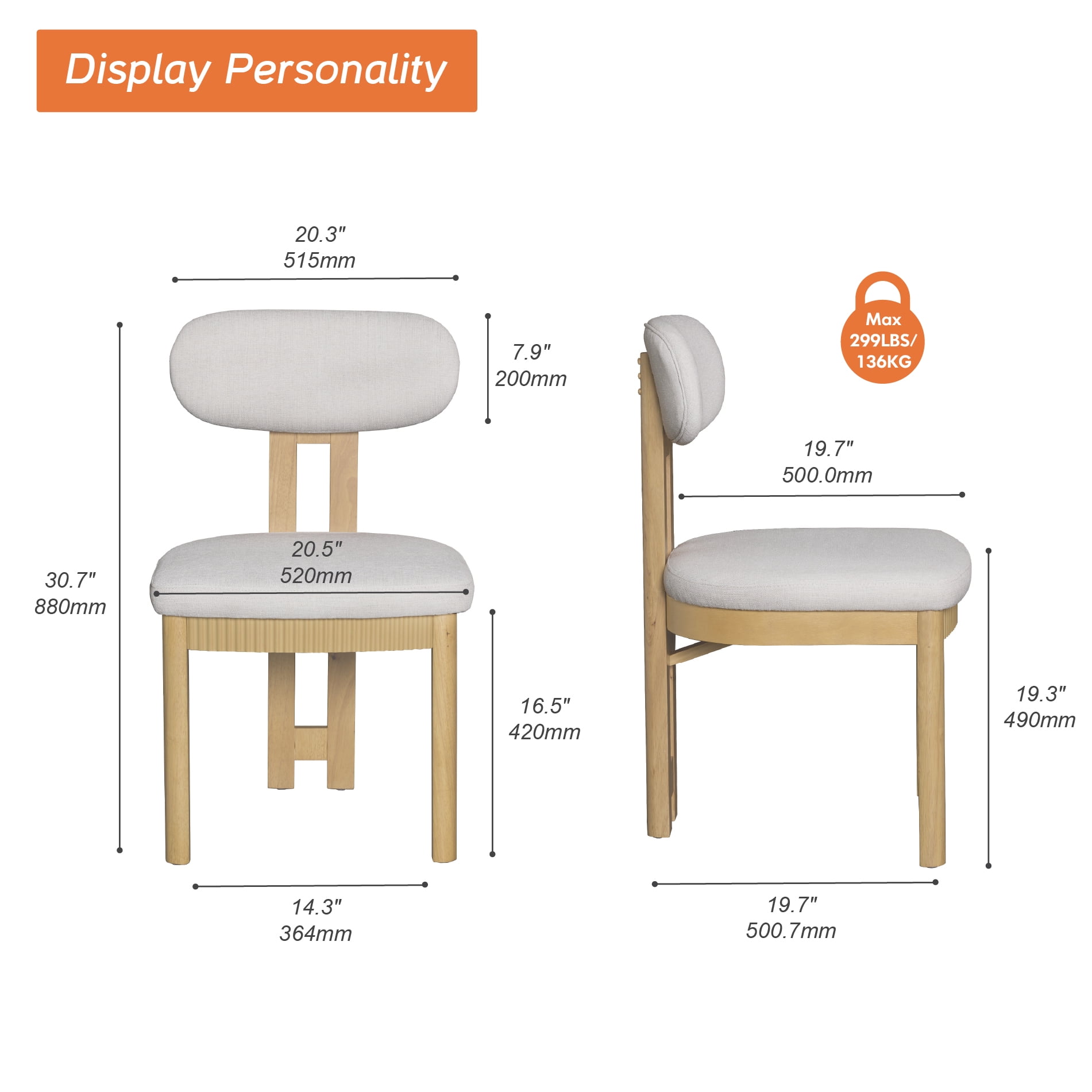 Mid-Century Modern Dining Chairs Set of 4,Polyester Linen Fabric Kitchen Chairs with Solid Wood Legs and Fluted Apron, Armless Side Chairs with Curved Backrest For Dining Room, Living Room