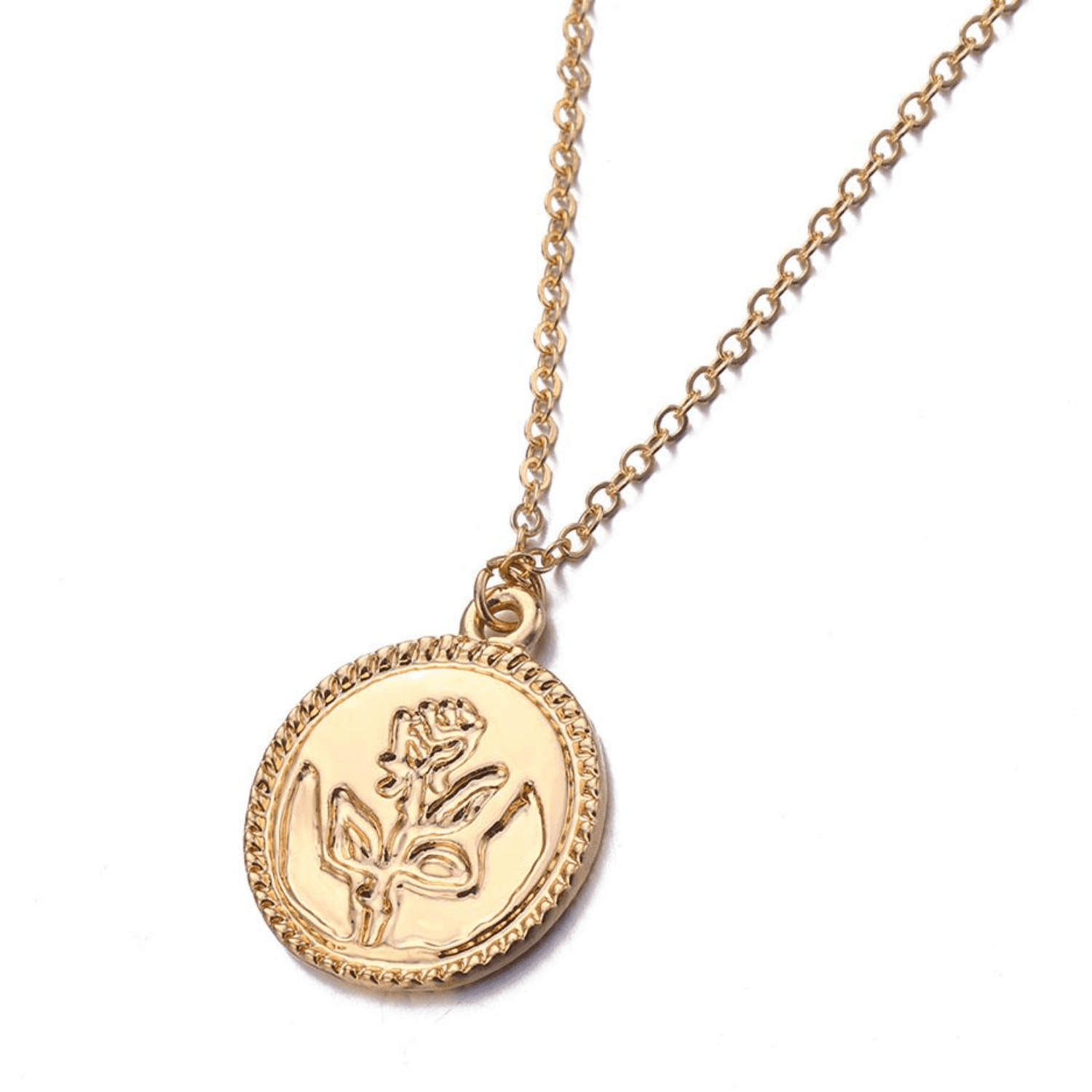 Maya's Grace Gold Silver Round Little Disc Coin Rose Pendant Short Necklace for Women (Gold)