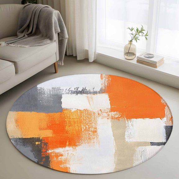 Burnt Orange Grey Round Area Rug 4 FT, Non Slip Indoor Outdoor Rug, Abstract Geometric Oil Painting Modern Washable Soft Circular Carpet Non-Shedding Floor Mat for Coffee Table Nursery Foyer Balcony