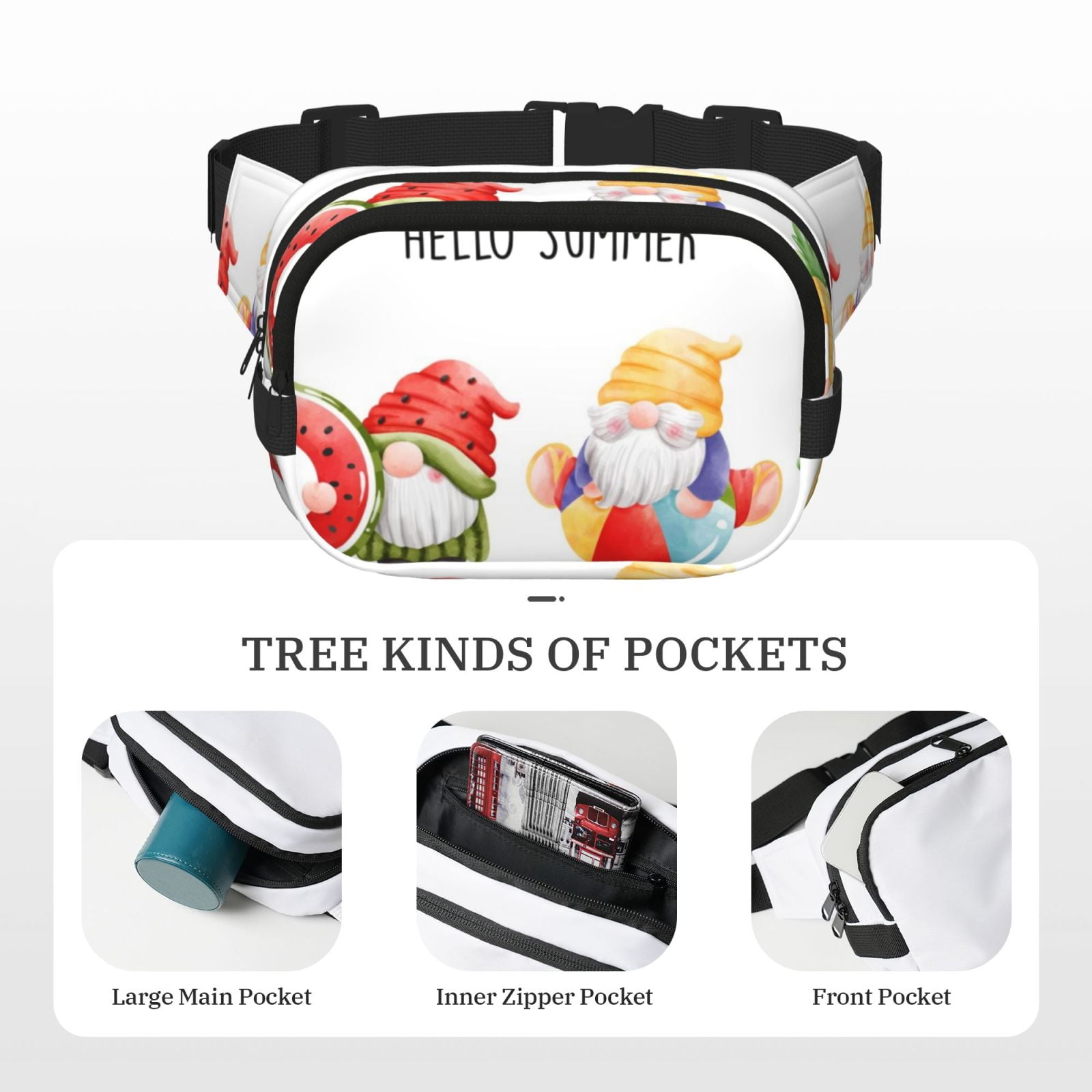 Picia Summer Gnome Print Square Double-Layer Waist Bag Mini Adjustable Waist Belt Bag Exercise Running Travel Hiking