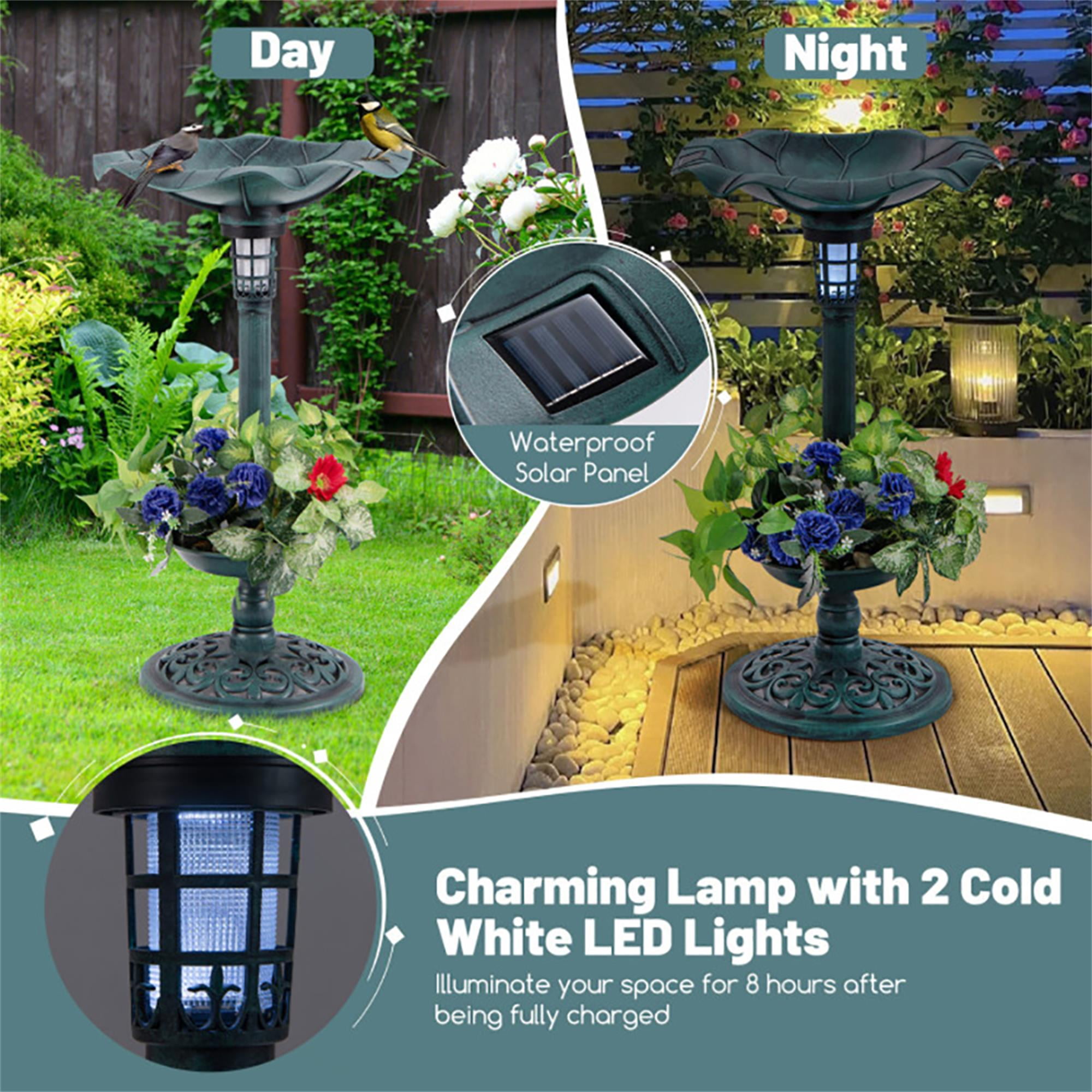 Kadyn 30" Outdoor Garden Bird Bath with Solar Light, Weather Resistant Pedestal, Backyard Bird Feeder and Flower Planter, Green