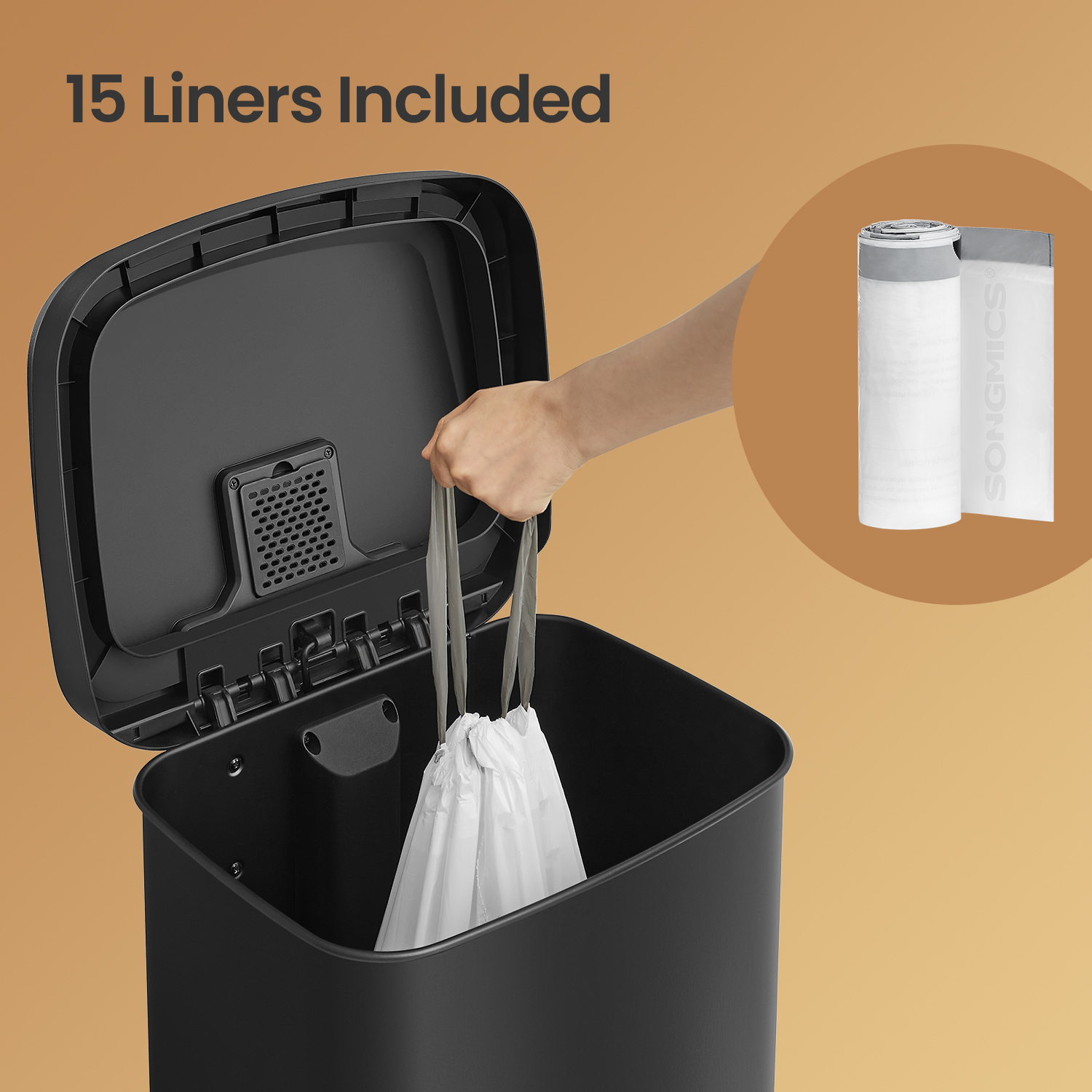 LEDREM 13 Gallon Stainless Steel Kitchen Trash Can , Stay-Open Lid with Step Pedal & Odor Filter , Large Capacity Bin ,Black
