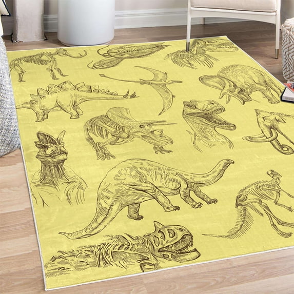 Jurassic Decorative Rug, Arrangement of Various Dinosaurs Illustrations Skeleton Biology Historic, Quality Carpet for Bedroom Dorm and Living Room, 6 Sizes, Pastel Yellow, by Ambesonne