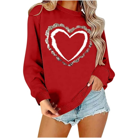 ibuvkizy Sweatshirt for Women Valentine's Day Women's Round Neck Cute Love Heart Printed Sweatshirt Long Sleeved Top Sweatshirt Red,L
