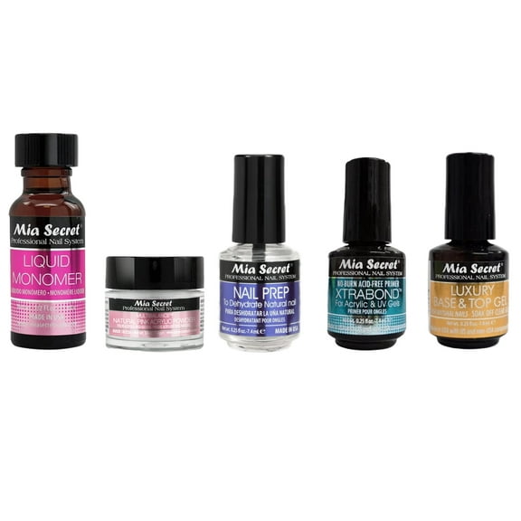 Mia Secret - Liquid Monomer, Multibalance Natural Pink Acrylic Powder, Nail Prep, Xtrabond, Luxury Base & Top Gel - Combo