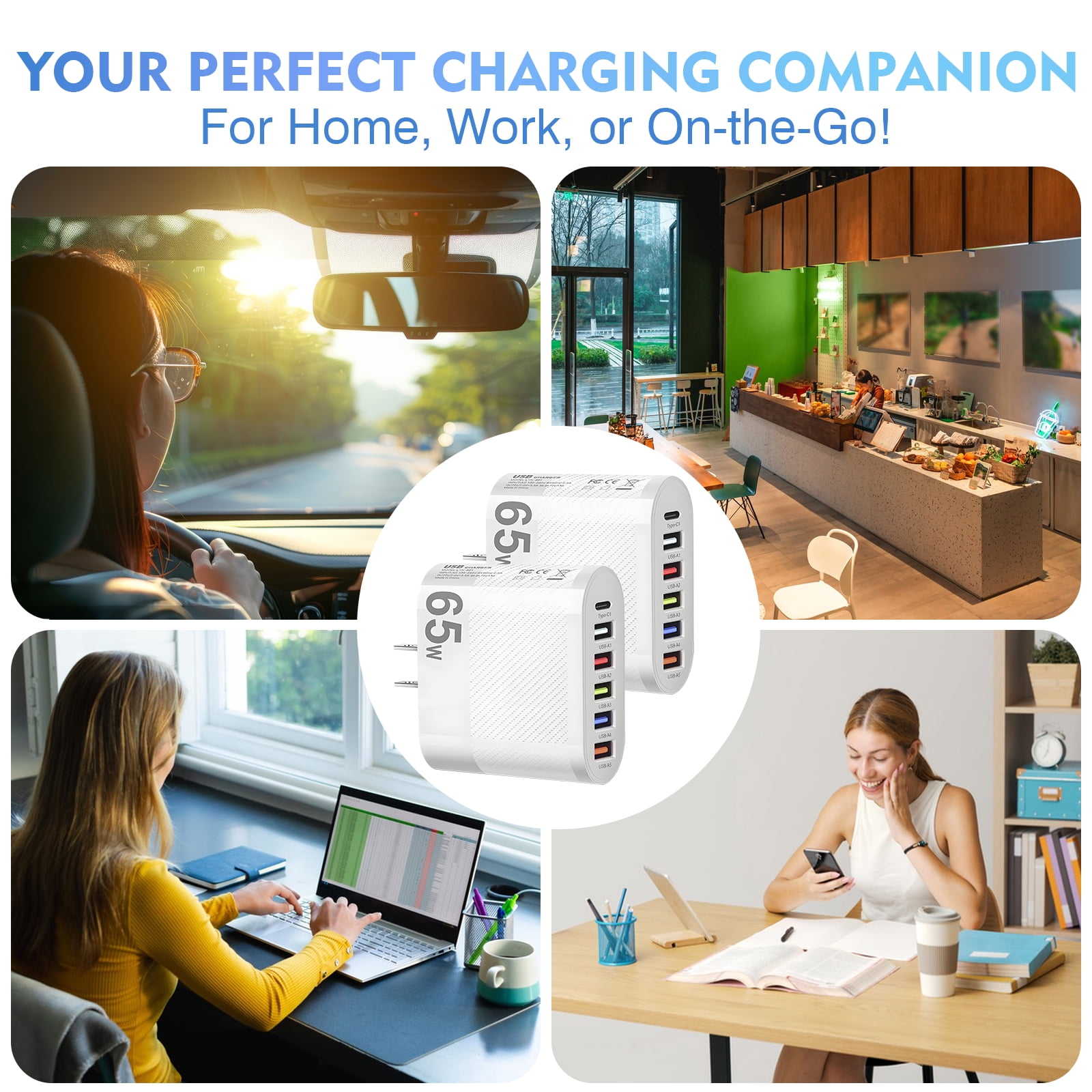 SPOKKI 2-Pack 65W USB C Fast Charger Block with 6 Ports & 3-in-1 Charging Cable, PD GaN Wall Charger Adapter for iPhone 15/14/Pro, Samsung Galaxy, iPad, MacBook, Laptop