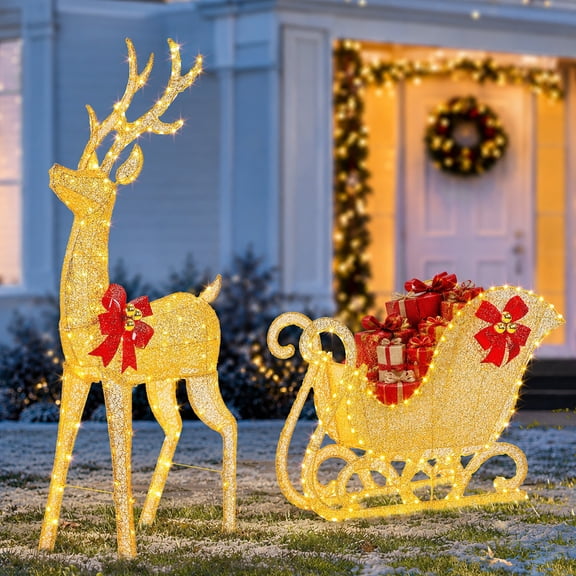 Ktaxon 5ft Christmas Reindeer & Sleigh Set Lighted Outdoor Yard Decoration,Golden