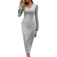 thumbnail image 3 of Womens V Neck Casual Knitted Long Sleeve Maxi Dress Slim Fit Ribbed Out Fall Winter Fashion Clothes Flower Gray M, 3 of 9