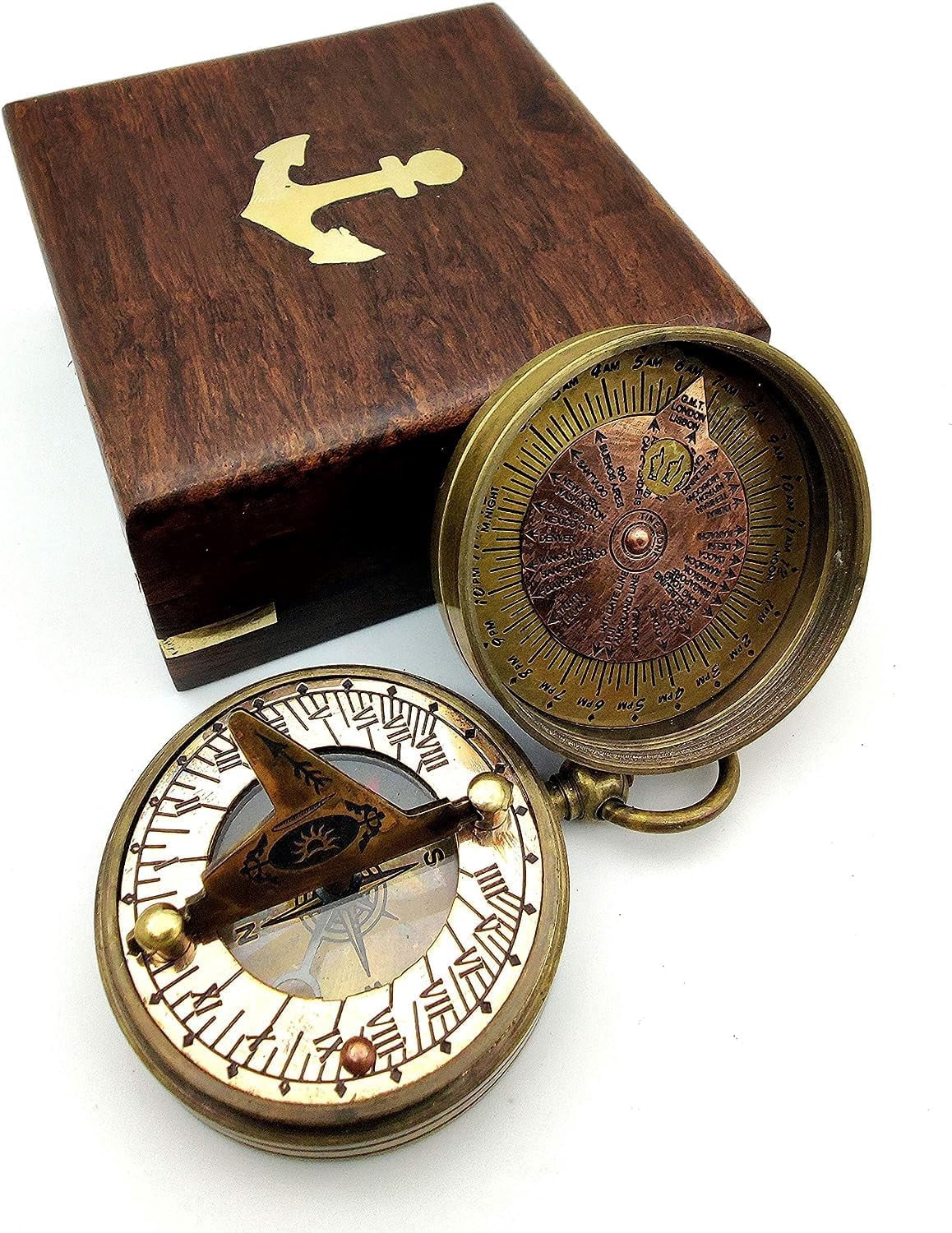 Pocket Sundial Compass – Handcrafted Vintage Brass Sundial & Compass with Engraved Sundial Bird Design, Portable Travel Compass in Elegant Wooden Gift Box