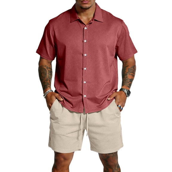 Hogleaql Men's Summer Vacation 2 Piece Outfits Hawaiian 2026 Summer Short Sleeve Button Down Shirts and Shorts Outfits Elastic Waist Loose Lightweight Matching Sets with Pockets Deep Red L