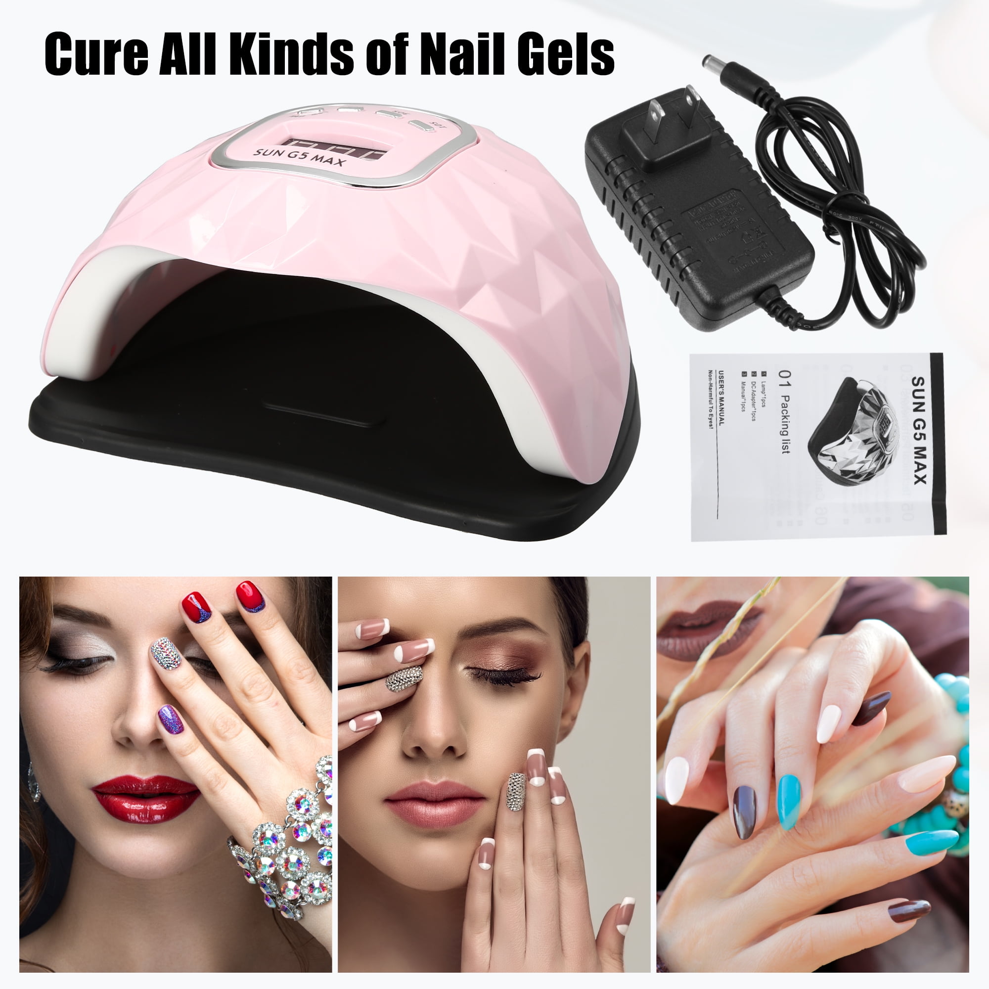 Unique Bargains UV-LED Nail Lamp Portable Gel Nail Polish Dryer with Sensor 4 Timers 200W 45pcs Nail Light Pink